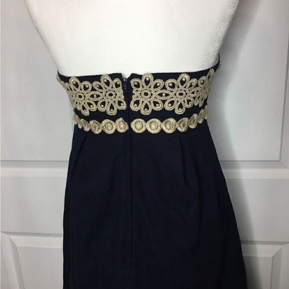 Lilly Pulitzer Betsey Navy and Gold Jacquard Strapless Dress Size 2 - Picture 7 of 16